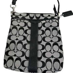 Coach F51157 Black Gray Leather Signature Logo Print Crossbody Strap Hand Bag